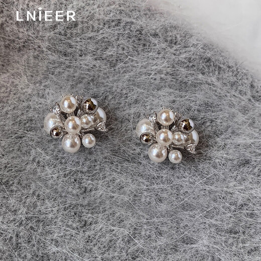 Lnieer925 Silver Needle Zircon Pearl Earrings Women's Light Luxury High-Quality Temperament Versatile Earrings 2025 New Autumn and Winter Earrings Zircon Pearl Flower Ball Earrings 925 Silver Needle