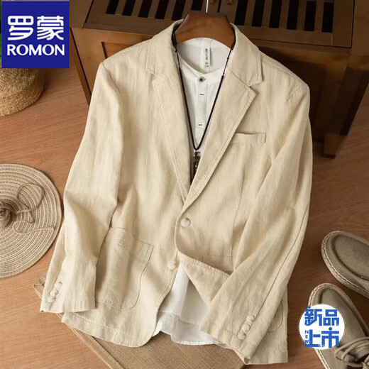 Romon suit jacket men's new casual cotton and linen old money style loose high-end loose slim ramie single layer suit jacket khaki 2XL