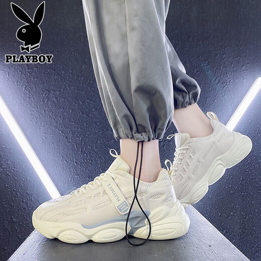 花花公子（PLAYBOY）老爹鞋男鞋2025夏季鞋子男士休闲鞋男厚底增高透气运动鞋 米色 41