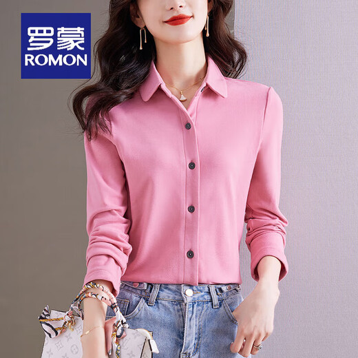 ROMON's new autumn and winter solid color double-sided German velvet long-sleeved shirt for women, versatile brushed plus velvet warm base cardigan shirt, blue gray M 85-100Jin Jin equals 0.5 kg