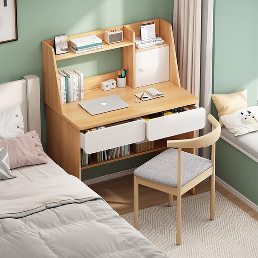 Simple desk bookshelf integrated student writing study table small apartment bedroom home office desktop computer table 60cm Nordic maple color