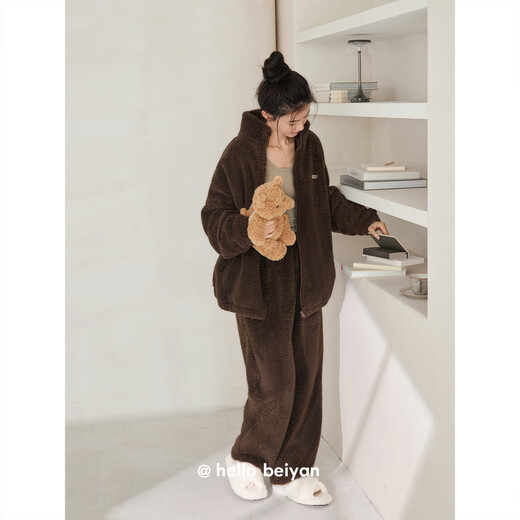 Beiyan lamb velvet couple pajamas for men and women in autumn and winter thickened warm coral velvet home clothes high collar zipper cardigan set F60548 women's L