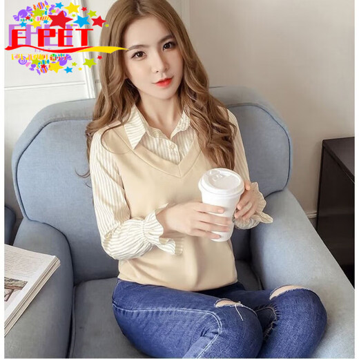 EPET Striped Shirt Women's Long Sleeve 2025 Spring and Autumn New Korean Style Versatile Fake Two-piece Top Small Fresh Shirt Design Blue S 80-95Jin Jin is equal to 0.5 kg