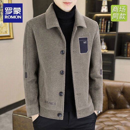 ROMON High-End-Revers-Herren-Wolljacke für Männer im Herbst und Winter, lässige, verdickte kurze Wolljacke, goldene Nerz-Samtjacke für Männer, Khaki XL, empfohlen 120–135 Jin Jin entspricht 0,5 kg