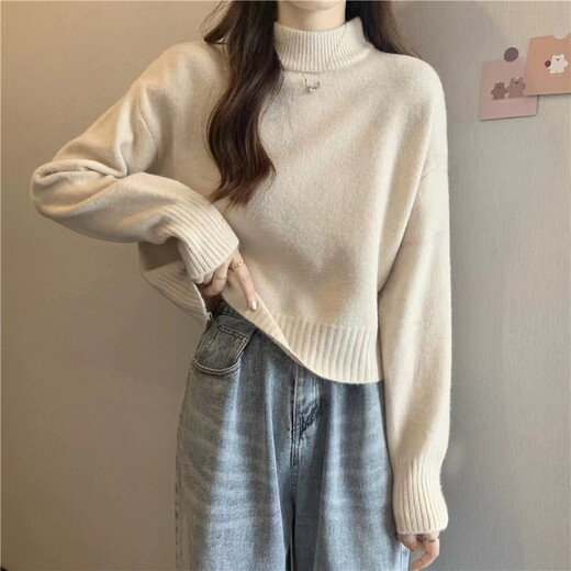 ANGEL MOOD French short sweater for women in autumn and winter for small people, thickened inner layer, soft and waxy semi-turtle collar pullover sweater for women, apricot L, recommended 100-110 Jin Jin equals 0.5 kg