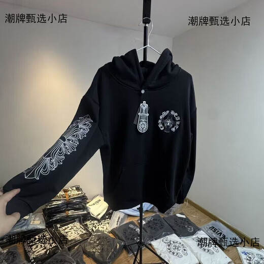 Chrome Heart CH Sanskrit Horseshoe Thousand Needle Embroidery Hooded Sweatshirt Heavy Cotton Plus Velvet Thickened Sweatshirt Top Edition Horseshoe Heavy Sweatshirt Black S Size 80-100Jin Jin is equal to 0.5 kg