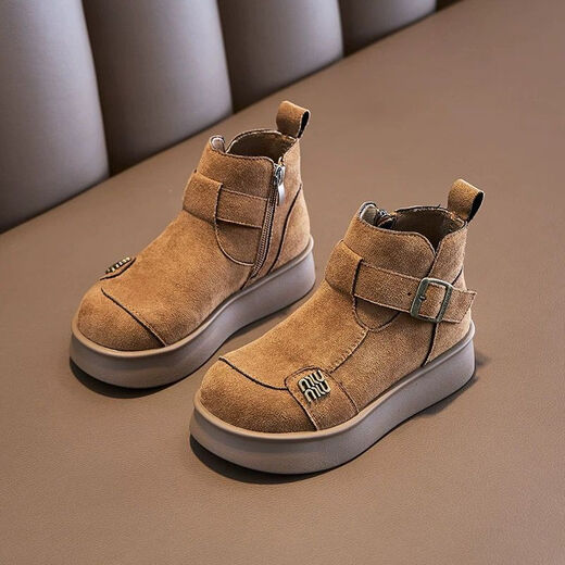 Children's velvet boots and short boots 2025 new autumn and winter girls' middle and older children's Martin trendy British Birkenstock cotton shoes coffee color* flagship version factory craftsmanship 34 yards inner length 20.7CM