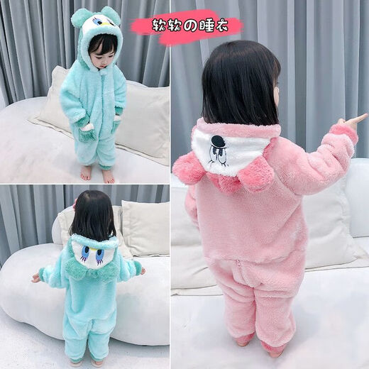 Children's one-piece pajamas autumn and winter thickened velvet warm sleeping bag for boys and girls belly protection plush warm home clothes pink 120