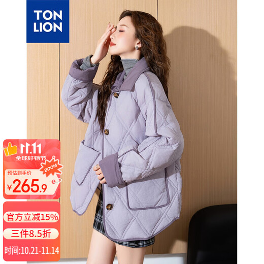 TonLion 2025 Women's Contrast Color Spliced Lapel Down Jacket Purple Tang M