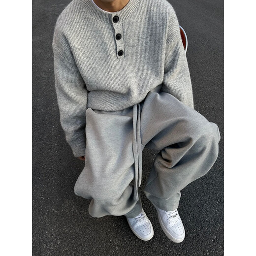 Jingsa American retro lazy old money style sweater men's autumn and winter loose inner Henry collar sweater sweater jacket new gray XL