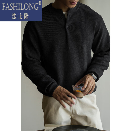 Fassilon 7-needle core-spun yarn Henry collar sweater for men 2025 autumn and winter new old money style casual sweater top for men Grey/trade wind gray M (170/92A)
