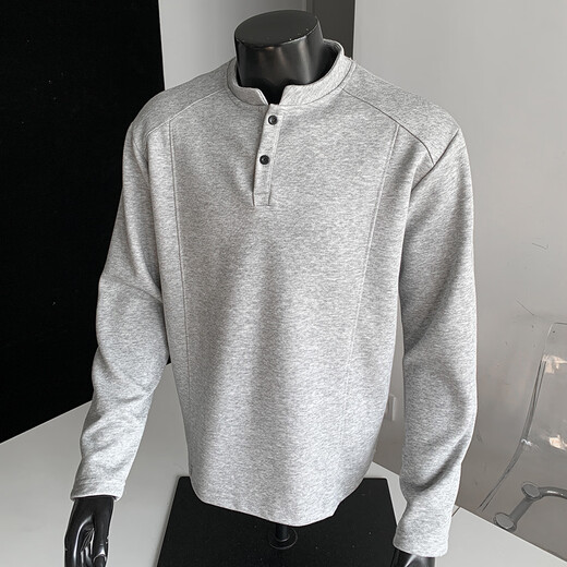 Homlean American Henry collar long-sleeved T-shirt men's autumn new loose shoulder casual polo shirt HB98 light gray 4XL
