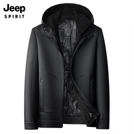 JEEP SPIRIT winter plus velvet thickened white duck down lining leather jacket men's hooded motorcycle jacket casual pu leather warm leather jacket black M 170