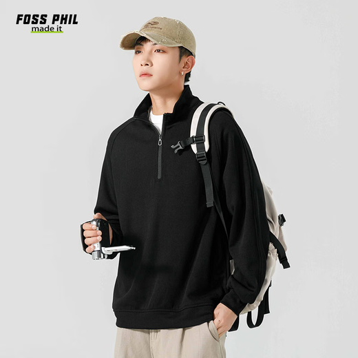 Foss Phil毛衣男秋冬季休闲半拉链立领纯色套头针织衫百搭上衣2444黑色2XL