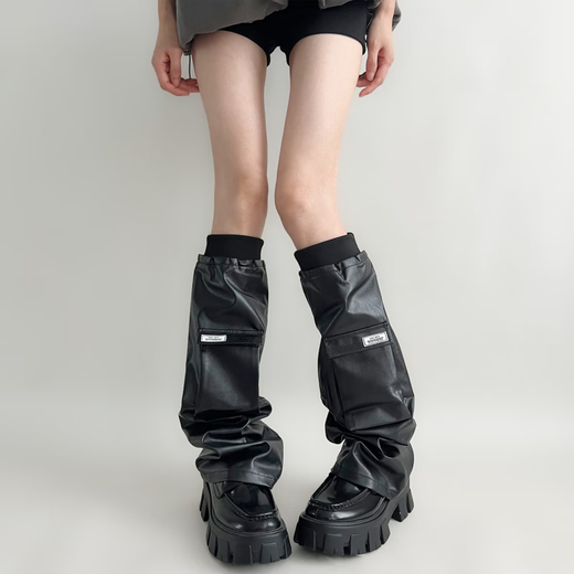 Night Classroom Leather Socks for Women Dark Functional Style Sweet and Cool Leg Sleeves Black Pocket Design Black One Size