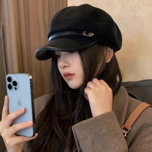 Tokishima beret autumn and winter hat black Japanese retro literary style octagonal female peaked cap female octagonal hat literary sense black one size