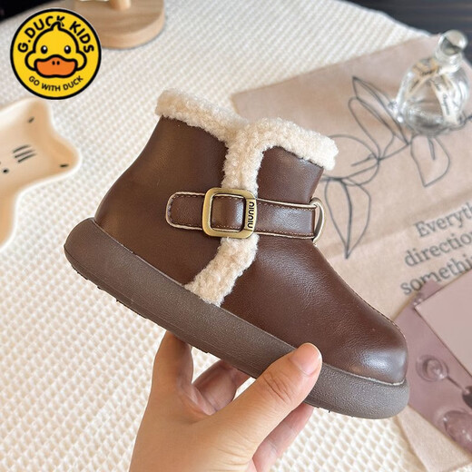 G.duck Little Yellow Duck Girls' Boots Children's 2025 Winter Plush Leather Boots Warm Baby Princess Short Boots Black New Brown Brown Warm Cotton 34 Inner Length 20.8cm