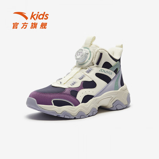 ANTA Children's Cotton Shoes for Girls and Elephants 2025 Autumn and Winter New Product Plus Velvet Warm Velcro High Top Snow Boots Mulberry Purple/Ivory White-2 38
