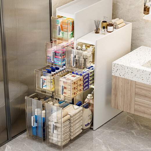 Installation-free lockers, bathroom multi-layer drawer storage cabinets, toilet refrigerator gap cabinets, kitchen narrow cabinets, gap cabinets, 14cm wide, pure white and transparent, 6 layers