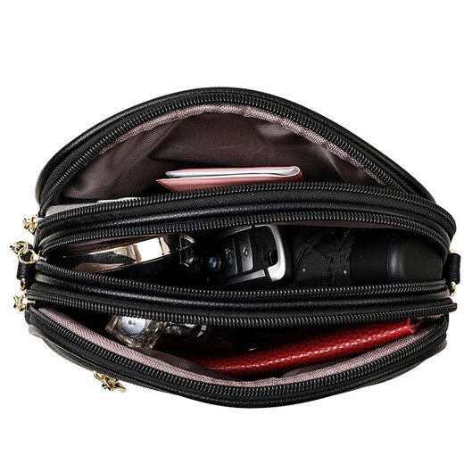 Soft leather three-layer middle-aged mother embroidery small round bag for women 2025 new fashion versatile diamond shoulder crossbody bag black