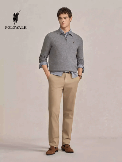 POLOWALK 5A Antibacterial Anti-mite Men's Wool Sweater 2025 Winter New Arrival 100% Sheep Wool Top Floral Gray M 170/M