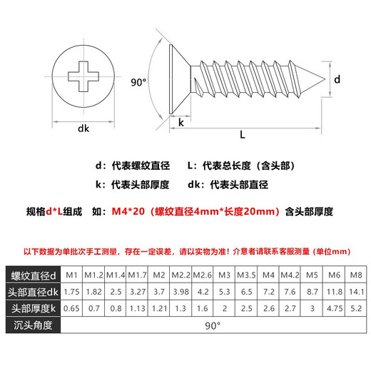 Bairite 304 stainless steel countersunk head self-tapping screws cross flat head self-tapping screws extended wood nails dry wall nails GB846 M3*30 100 capsules
