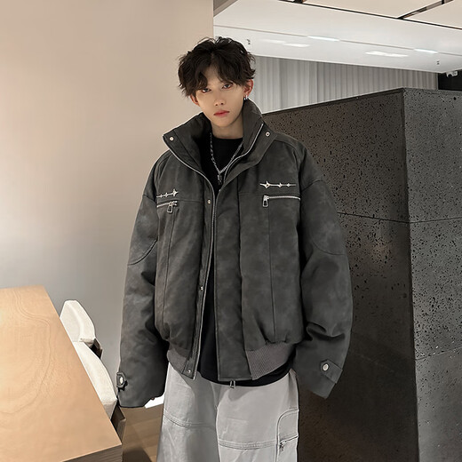 NYING Maillard PU leather cotton jacket men's winter new trendy brand thickened warm stand-up collar cotton jacket handsome loose cotton jacket brown XL