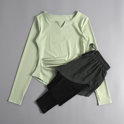 LI NING Li Ning Flagship Store 2025 autumn and winter new yoga clothing set for women, high-end Pilates training fitness long green top + green pants L