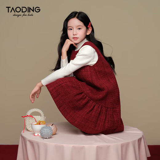 Taoding New Year's greeting dress girls autumn and winter Qianjin style Ancora red shag small fragrant style sleeveless dress red dress 160