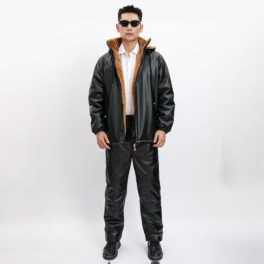 Zhiyunyan leather jacket and leather trousers suit plus velvet and thickening to keep warm, waterproof, oil-proof, windproof and cold-proof, take-out driver's labor insurance set 4XL 165-190Jin Jin equals 0.5 kg