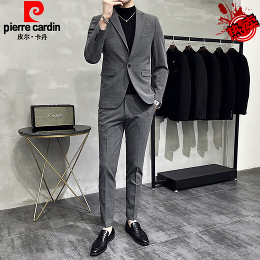Pierre Cardin Men's Easy Care Suit Men's 2025 Autumn and Winter New Single Button Plaid Suit Men's Business Slim Suit Gray M 48