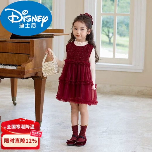Disney girls dress autumn and winter 2026 new baby New Year's birthday children's winter clothing one-year-old dress skirt red brand red plus velvet + apricot sweater 90