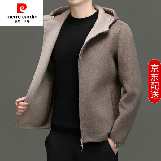 Pierre Cardin short woolen coat men's light luxury 100% pure wool double-sided hooded woolen coat casual jacket high-end black ten red coffee M