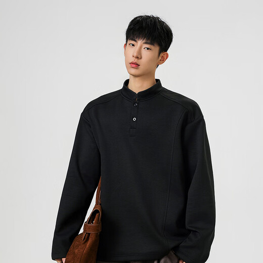 Homlean American Polo Henry shirt men's long-sleeved T-shirt autumn top with casual men's base sweatshirt JC-T24555 black M (recommended 85-100Jin Jin equals 0.5 kg)