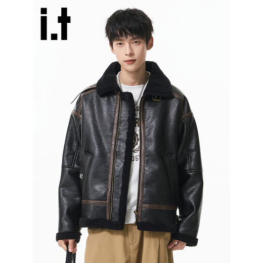 CHOCOOLATEit sherpa spliced leather jacket men's winter velvet thickened warm cotton jacket black velvet L