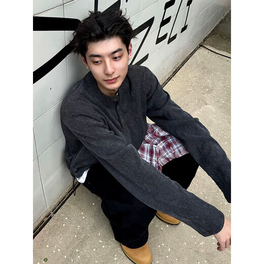 7 excellent products Henry collar long-sleeved T-shirt for men, autumn and winter American retro polo bottoming shirt, loose casual top for men ZSFZ-38033 dark gray M