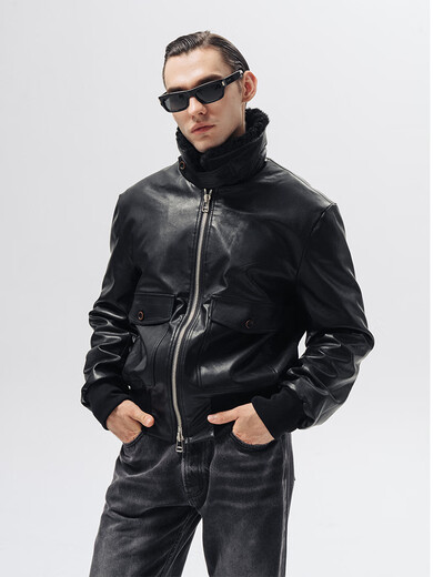 Fur Collar Aviator Leather Jacket Dark Brown One Size Small