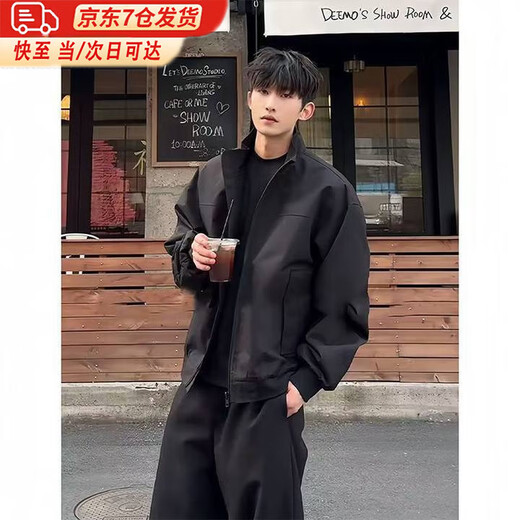 Cotton Snow American Three-Proof Flight Jacket Men's Spring and Autumn Short Work Jacket Piushuai High Street Trendy Brand Baseball Uniform Black XL 170CM-178CM