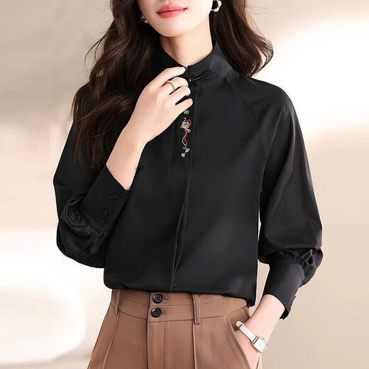 Chinesischer Stil, nationaler Stil, besticktes Oberteil, Frühling und Herbst, neue Mode, Hemd im westlichen Stil, große Größe, Stehkragen, Plattenknopf, Hanfu-Langarmhemd, Langarmhemd ZS-567*, weiß, L (105–120 Jin entspricht 0,5 kg)