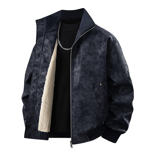 JEEP SPIRIT吉普秋冬加绒加厚保暖老钱风PU皮衣男亮面PU皮夹克男立领机车皮 黑色加绒 XL