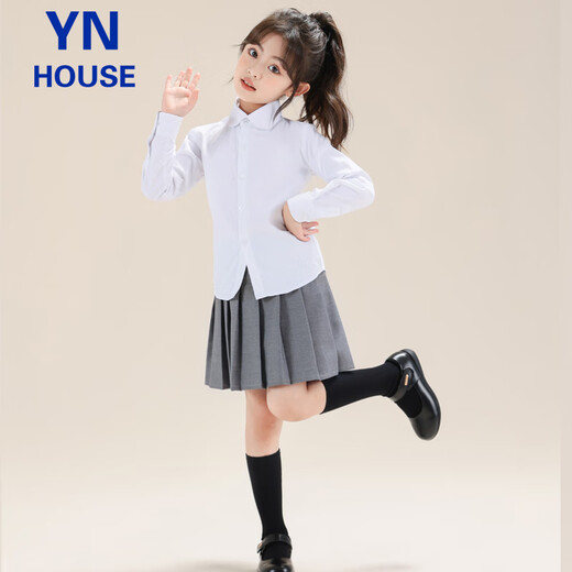 Yinuofang girls' shirt white long-sleeved round neck spring and summer new student Children's Day performance school uniform children's casual T-shirt loose