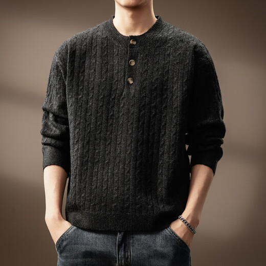 Bmuvlss high-end men's high-end old money style Henry collar sweater for men 2025 autumn and winter new loose lazy style sweater for men carbon black M suitable for 100-120Jin Jin equals 0.5 kg