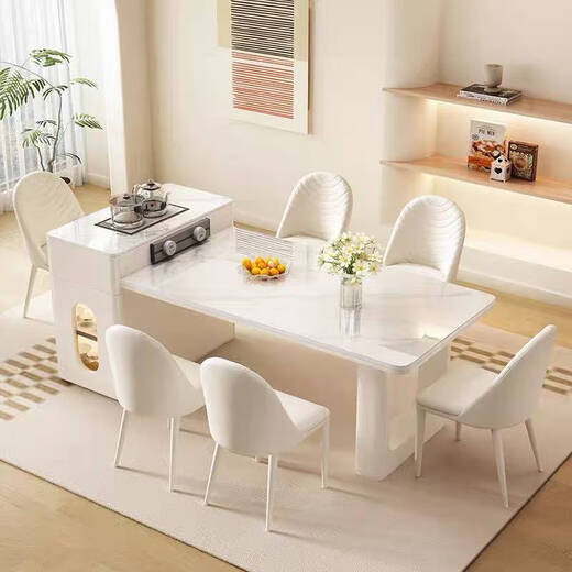 Pupan cream style slate island dining table tea table integrated retractable home small apartment light luxury modern restaurant dining table 1.4+0.4 meters fixed socket white + glossy snow mountain white island dining table flat style