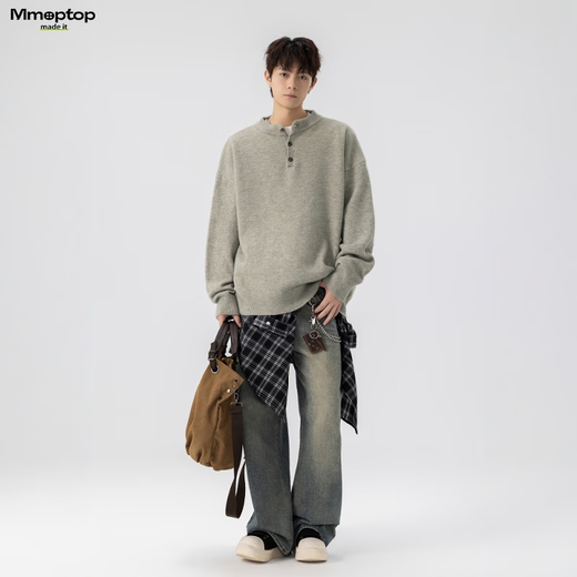 MMOPTOP Retro Henry Collar Sweater Men's Autumn and Winter Warm Loose Casual All-match Knitted Sweater MY109 Light Gray XL