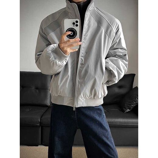 Katuchi American trendy brand stand collar cotton coat men's winter thickened warm vintage cotton coat handsome jacket gray quilted style XL