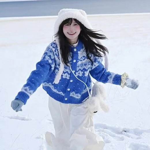 Harudi Fair Island blue jacquard sweater cardigan for women 2025 winter new lazy style thickened sweater top jacket blue one size fits all (115Jin Jin is equal to within 0.5 kg)