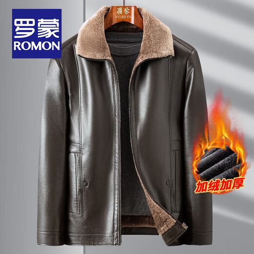 ROMON velvet thickened leather jacket for men in autumn and winter, business casual, middle-aged and elderly dad's all-in-one velvet jacket, windproof and warm jacket, velvet black M /170 (recommended 90-115Jin Jin equals 0.5kg)