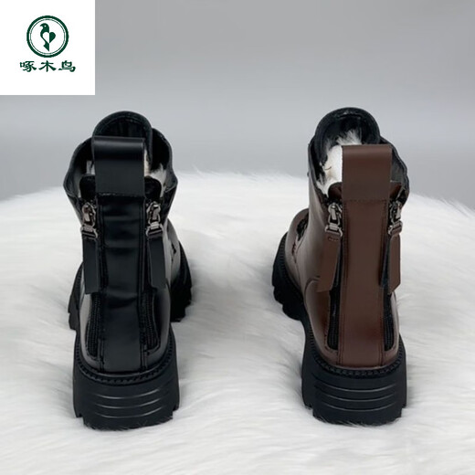 Woodpecker thick-soled Martin boots genuine leather wool boots women's fur integrated new thickened 2025 winter short boots snow boots black thickened cotton imported wool 37