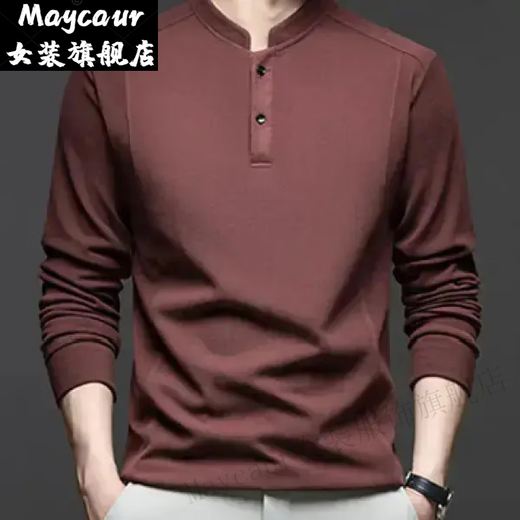 Maycaur cotton industry autumn and winter double-sided German velvet bottoming shirt men's Henry collar trendy versatile long-sleeved T-shirt stand-up collar sweatshirt gray 4XL