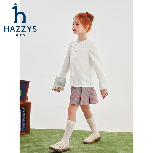HAZZYS children's clothing girls' shirt autumn new college style long-sleeved top plain white regular 160